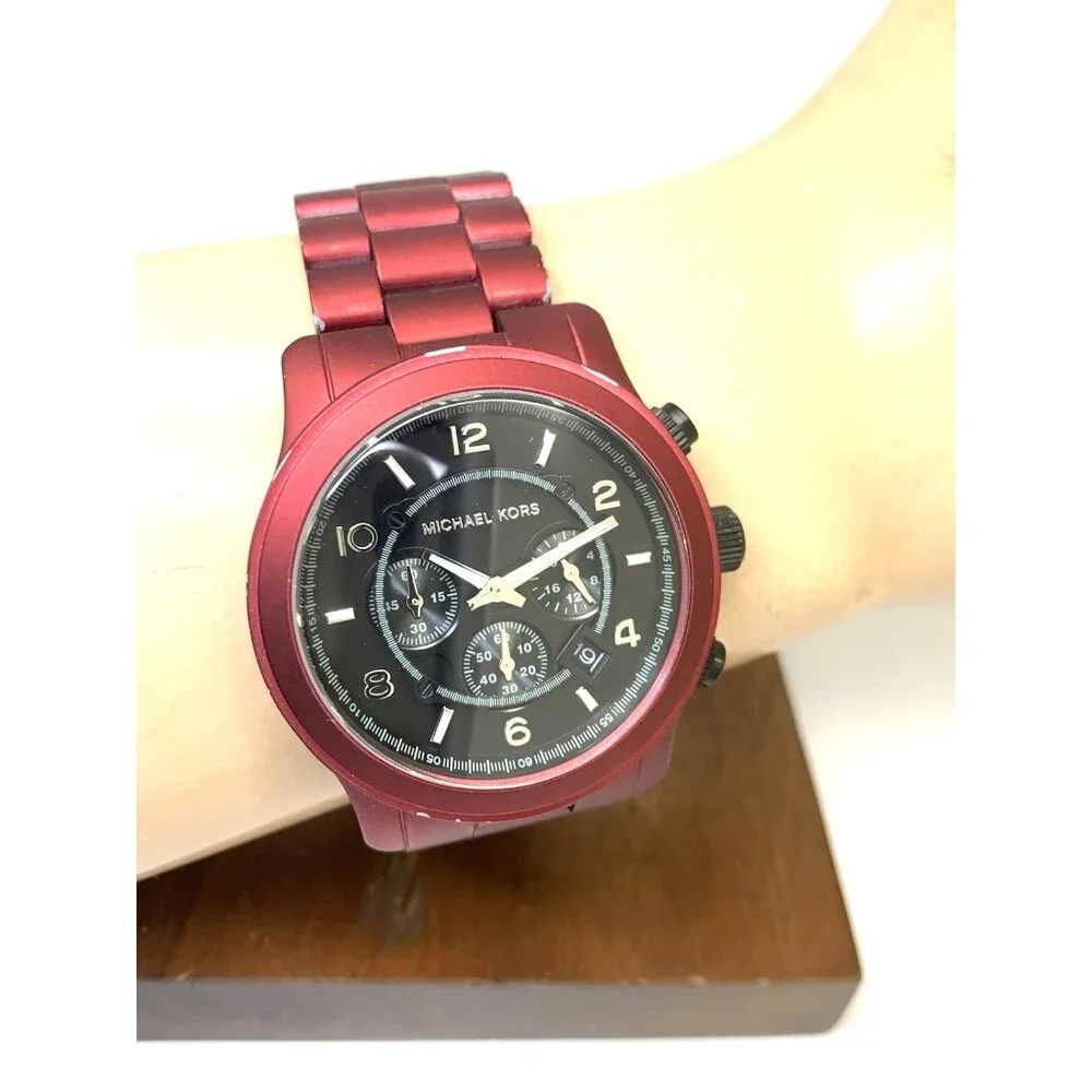 Michael Kors Mens Watch MK9148 Runway Quartz Black Dial Red Stainless Steel 45mm
